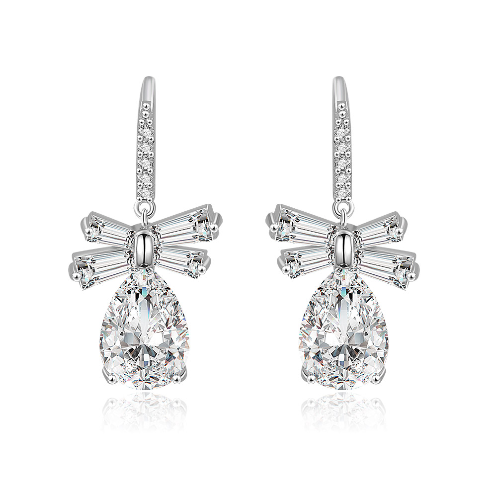 White CZ Oval Drop Bow Earrings